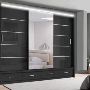 Florence High Gloss Sliding Door Wardrobe with Mirrors – LED Lighting, Drawers, and Smart Storage – 205cm & 256cm Options
